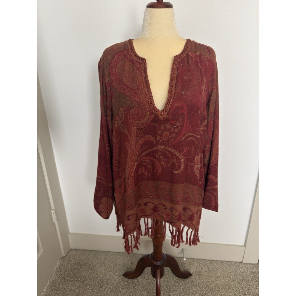 Chico’s Size 2 (L -12) Beaded Embellished Rust Paisley Top 3/4 Sleeve Tunic